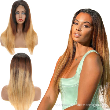 SPARK Wholesale Ombre Blonde 3 Tones Hair Wigs T1B/4/27 Honey Brown Color Straight Human Hair Lace Front Wigs African America